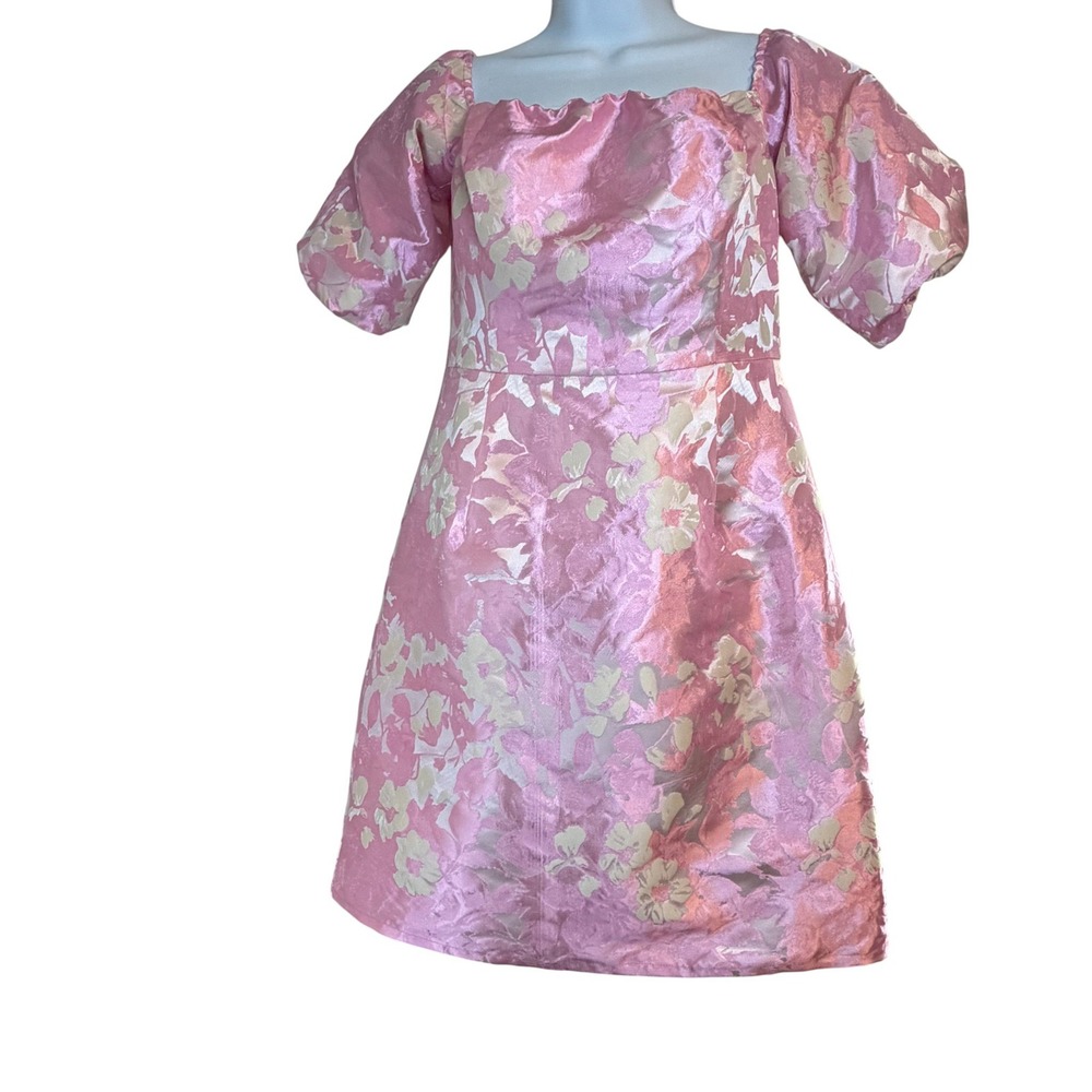 Flora Bea NYC Pink Floral Brocade Puff Sleeve Square Neck Mini Dress S